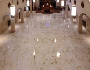 Decorative church floor coatings in marble beige and gold