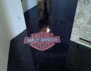 Concrete floor coating with Harley Davidson logo